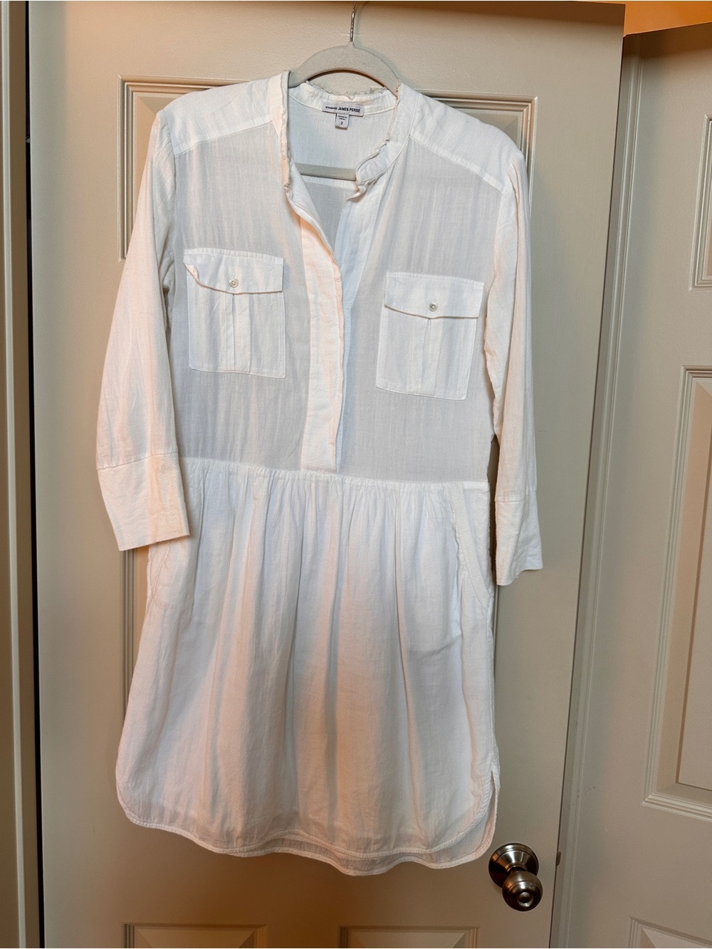 James Perse White Lightweight Shirt Dress with pockets, 3/4 sleeves size 2